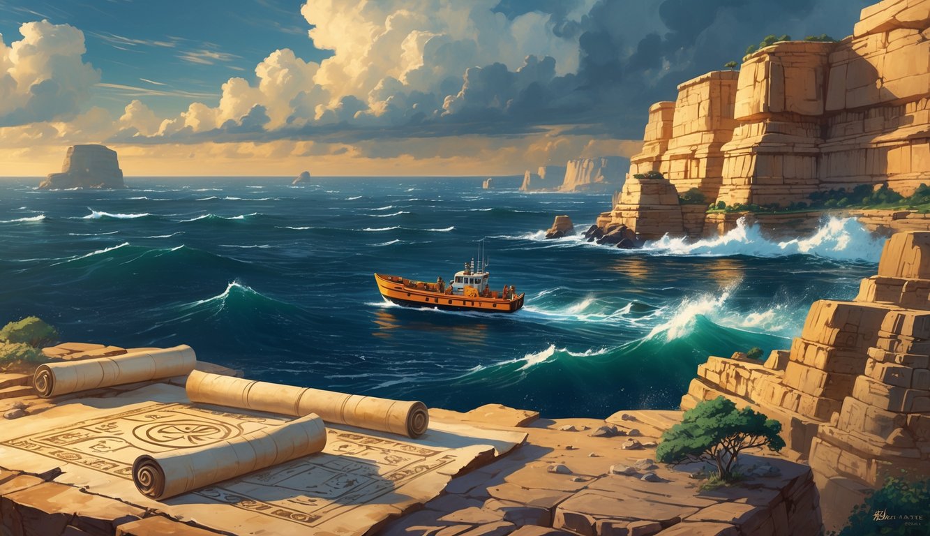 A coastal scene showing an ancient sandstone city, ancient scrolls on a stone surface, and a small boat searching stormy seas under a cloudy sky.