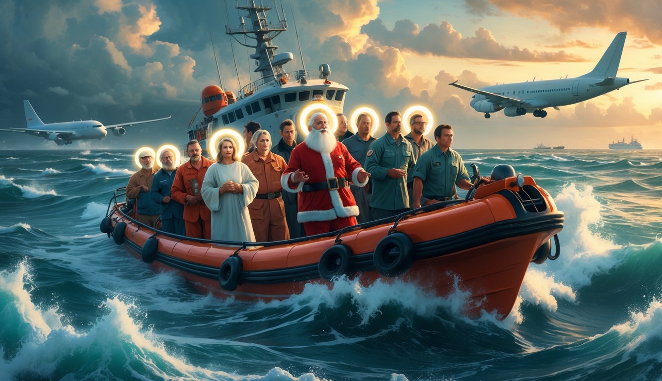 A rescue boat with saints, Santa Claus, and scientists holding DNA models braves rough seas near Puerto Rico searching for a missing plane.