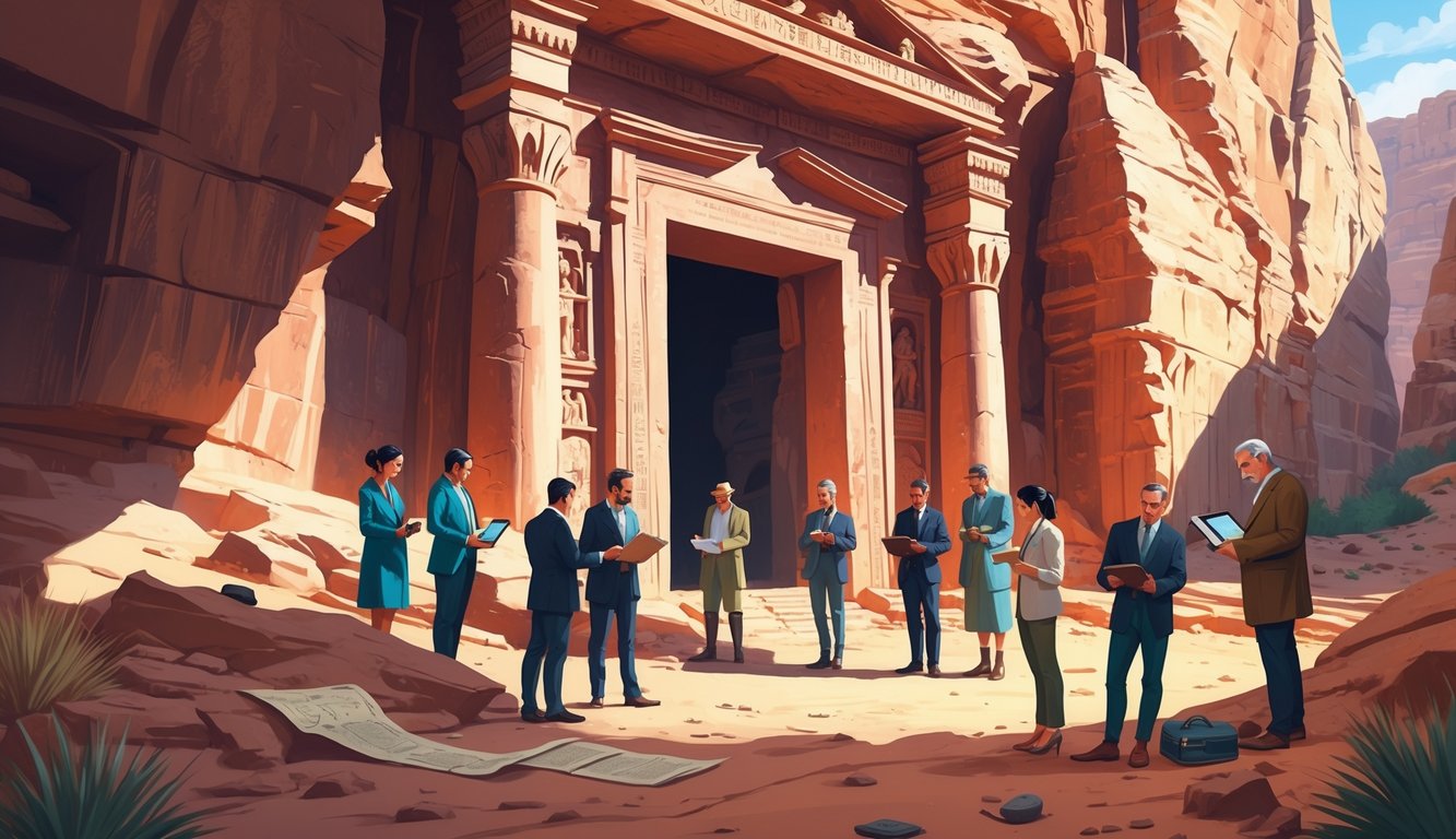 A group of historians and archaeologists examining an ancient tomb entrance carved into the cliffs of Petra, with the Treasury visible in the background.