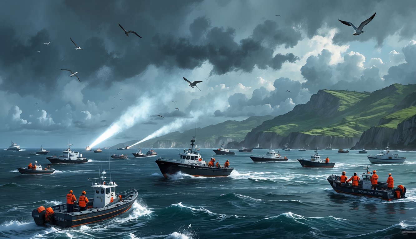 Boats searching the rough sea near Puerto Rico for a missing plane with rescue workers looking out over the water under cloudy skies.