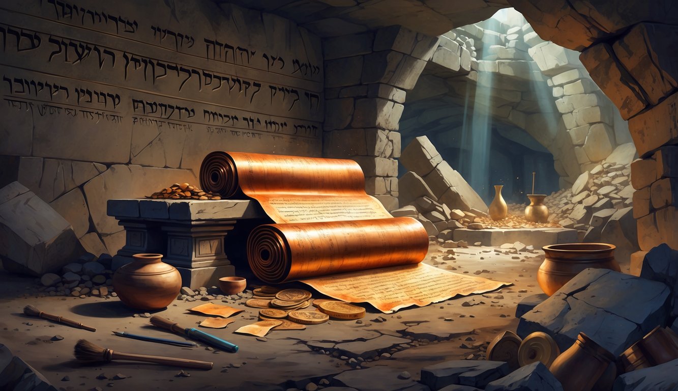 An ancient cave with a glowing copper scroll on a stone pedestal surrounded by archaeological tools and hidden treasures like gold coins and vessels.