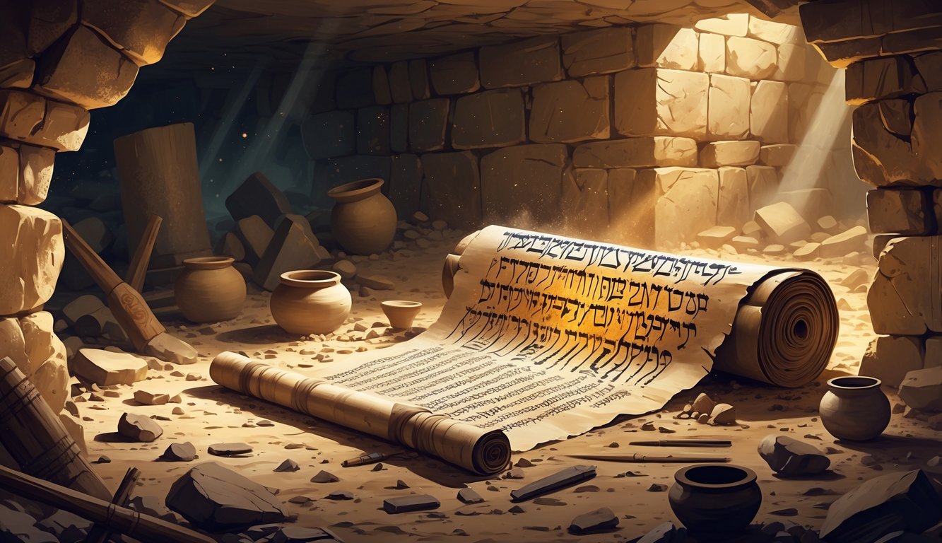 An ancient cave with a glowing old scroll on a stone surface surrounded by broken pottery and tools.