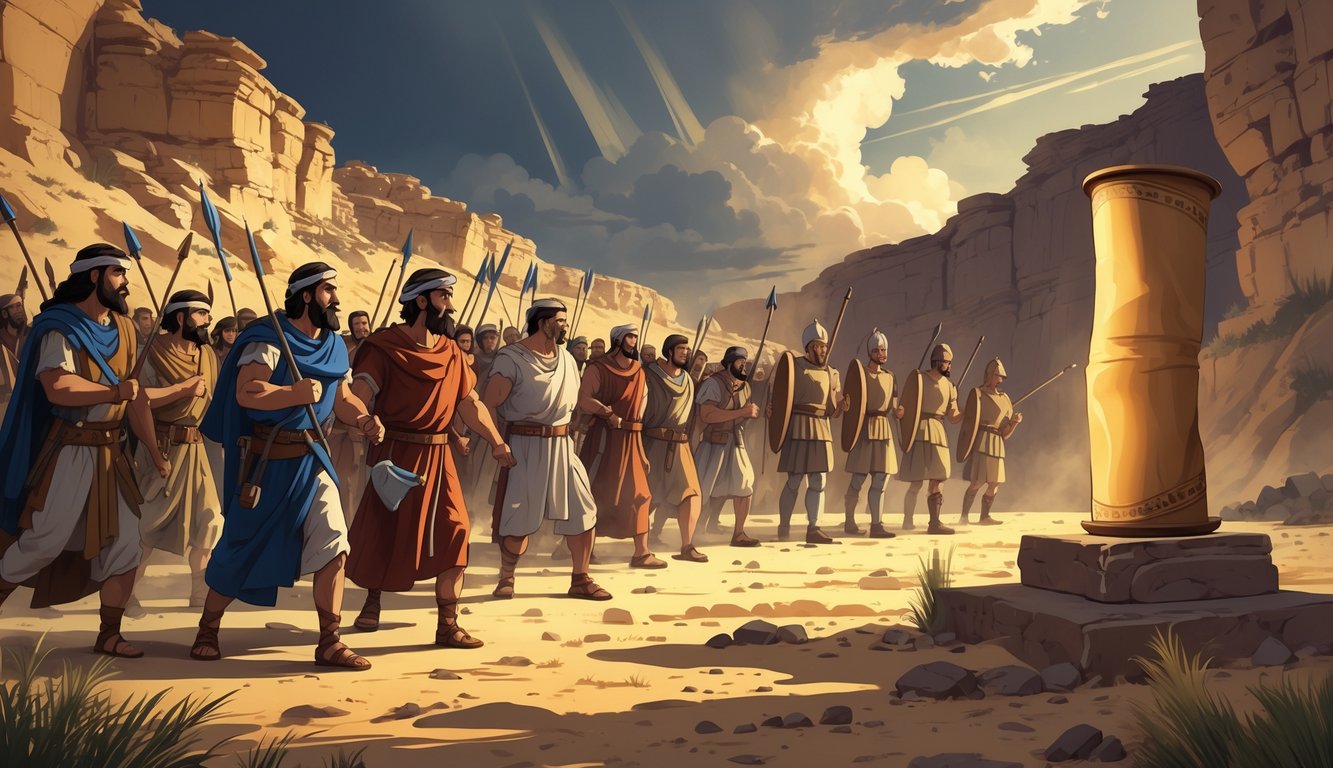 Jewish rebels facing Roman soldiers in a desert landscape with rocky cliffs and an ancient glowing scroll on a stone pedestal.