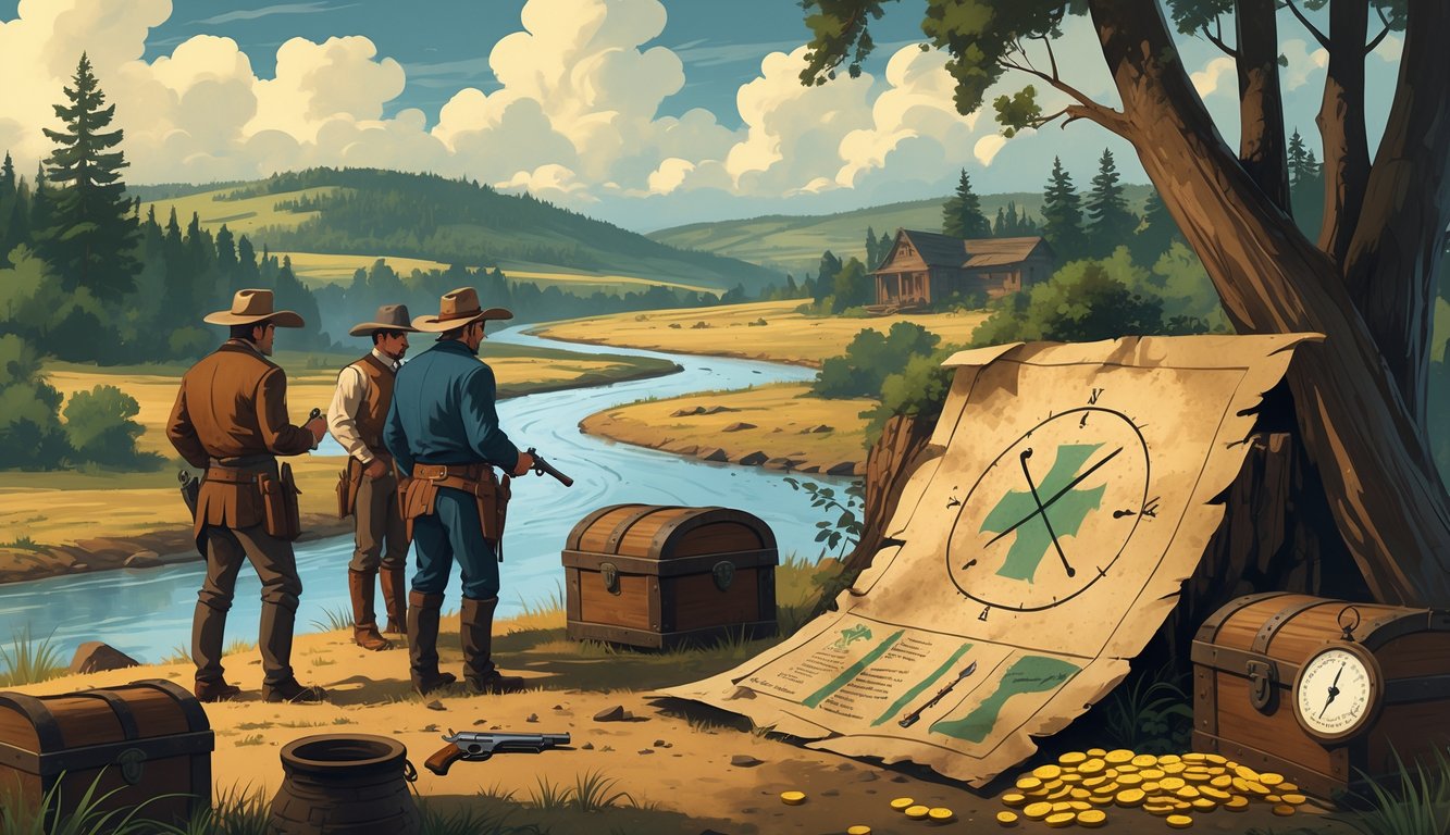 Three people in old-fashioned clothes study a treasure map in a Midwest landscape with forests, plains, and a river, near buried treasure chests and an old outlaw hideout.