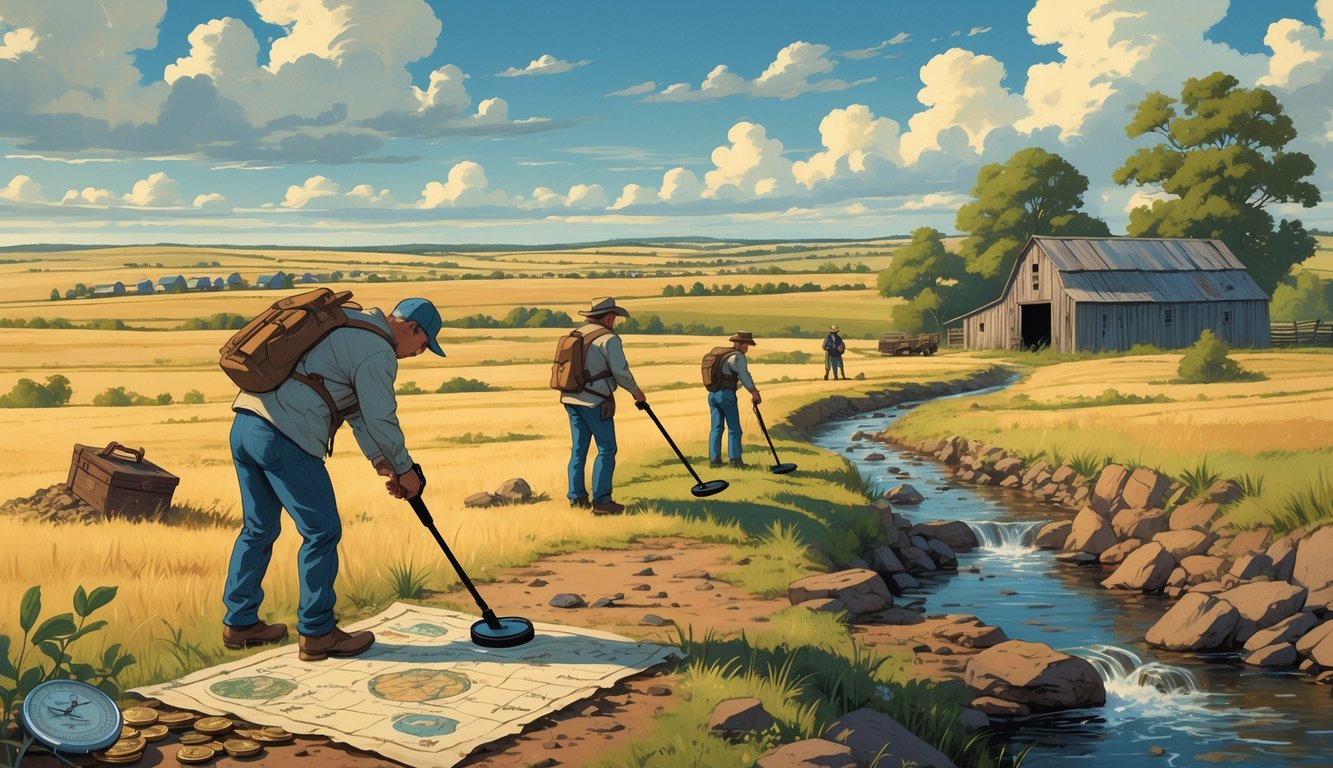 People using metal detectors and maps to search for treasure in a rural Midwestern landscape with rolling plains, trees, an old barn, and scattered artifacts on the ground.