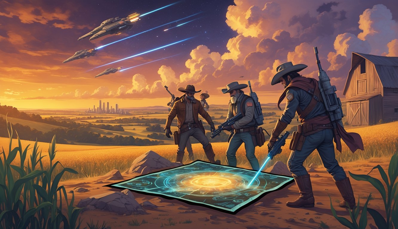 A group of treasure hunters with futuristic gear and cowboy hats studying a glowing holographic map in a Midwest landscape with plains, a barn, and a futuristic city in the distance under a colorful sunset sky.