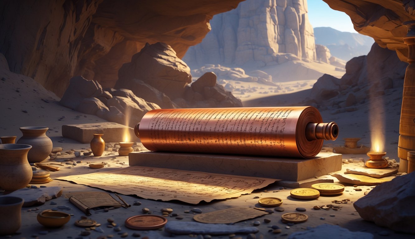 An ancient copper scroll with inscriptions displayed on a stone pedestal inside a dimly lit cave, surrounded by archaeological artifacts and explorers examining it.