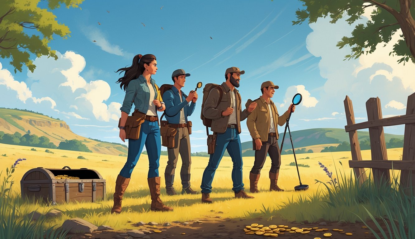 Three people in the Midwest outdoors searching for hidden treasure with maps, a magnifying glass, and a metal detector near grassy plains and hills.
