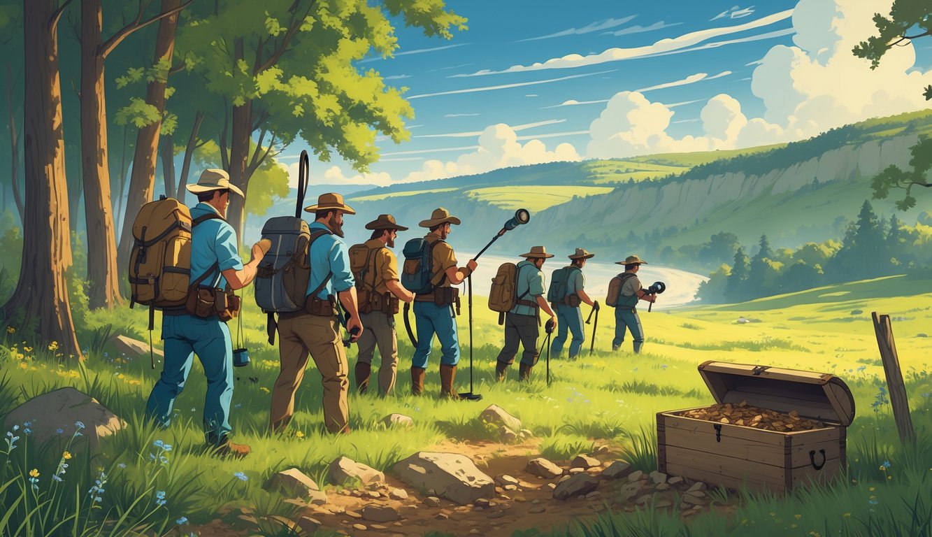 A group of treasure hunters with gear searching a forest clearing in the Midwest, near a partially buried wooden chest, with hills and a river in the background.