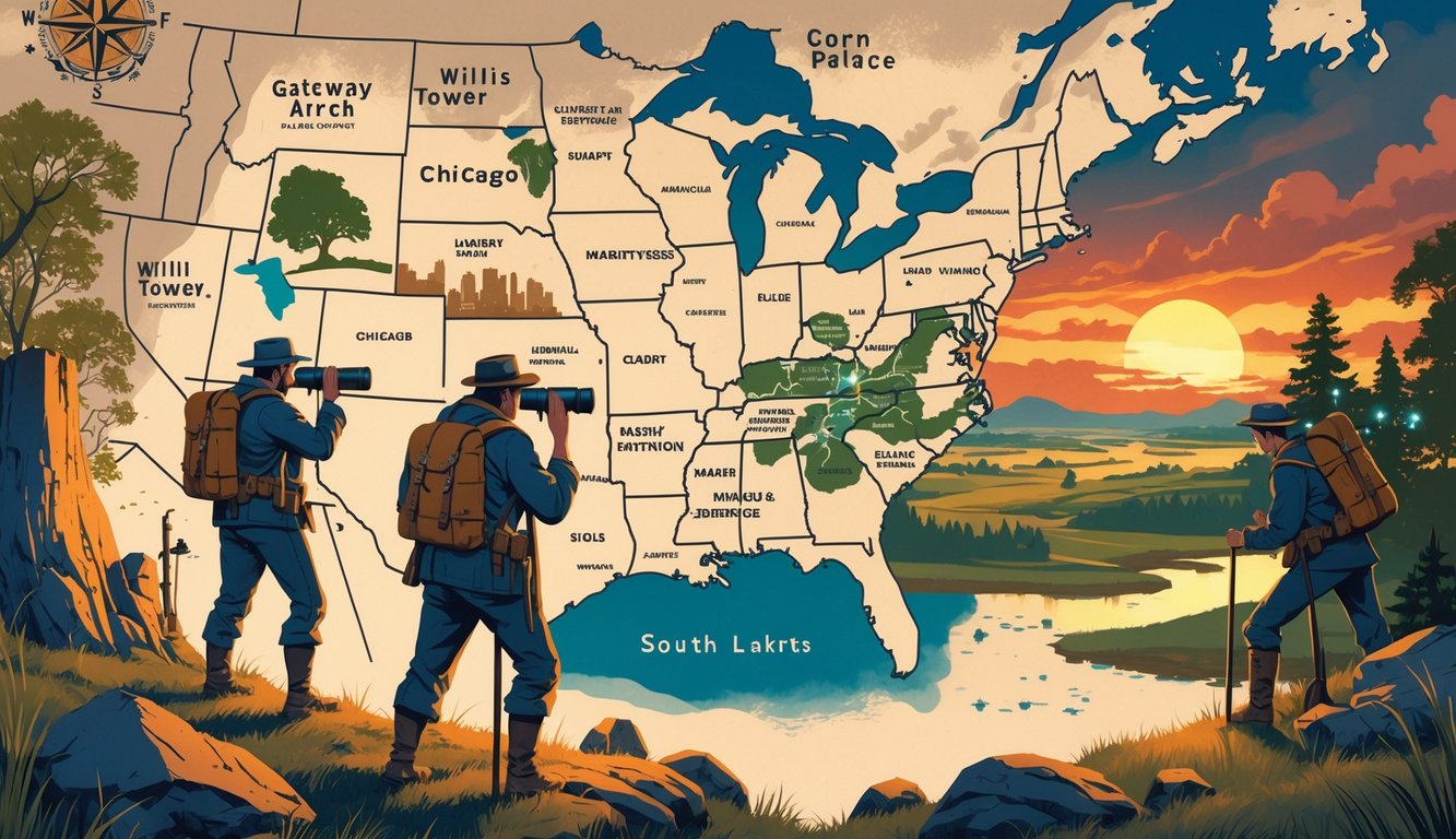 A detailed map of the Midwest showing famous landmarks and hidden locations with treasure hunters examining it, surrounded by natural landscapes under a sunset.