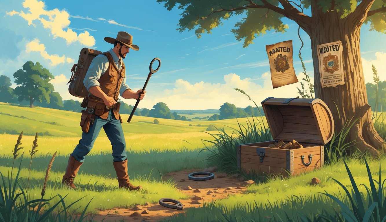 A treasure hunter in outdoor clothing examines a map near a partially buried wooden chest in a grassy Midwest landscape with trees and a small town in the distance.