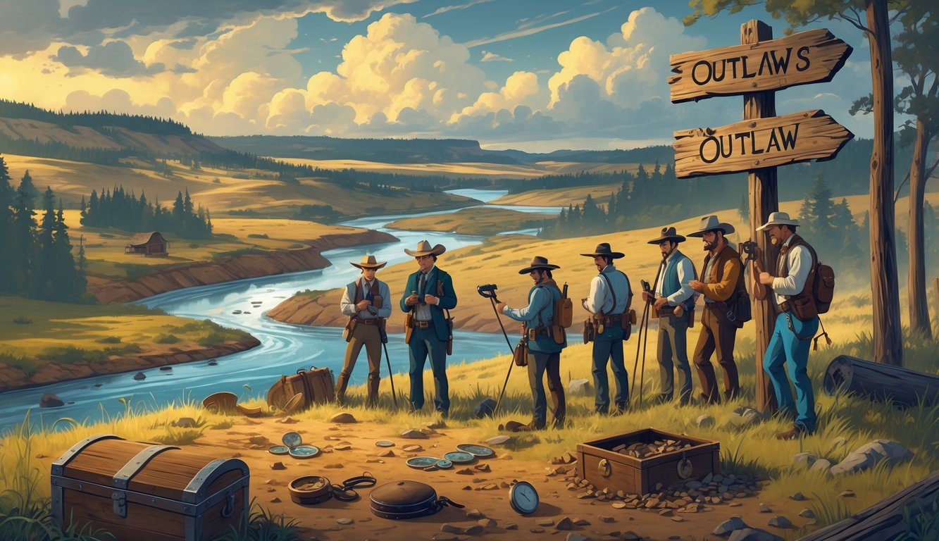 A group of treasure hunters exploring a Midwest landscape with forests, plains, and a river, searching near an old signpost with hints of hidden treasure and outlaw artifacts nearby.