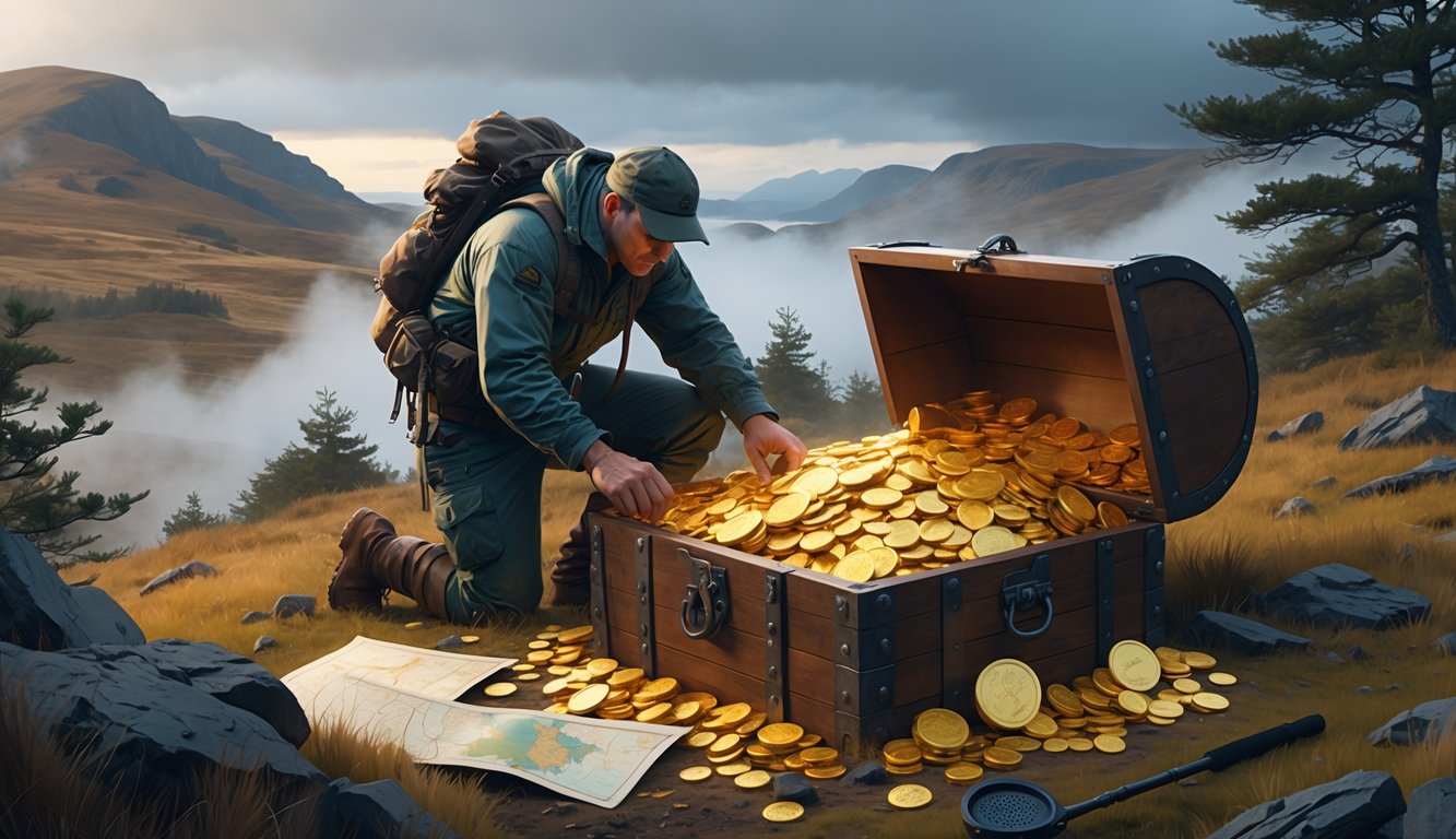 An explorer finds a treasure chest filled with gold coins in the Scottish Highlands surrounded by hills, trees, and mist.