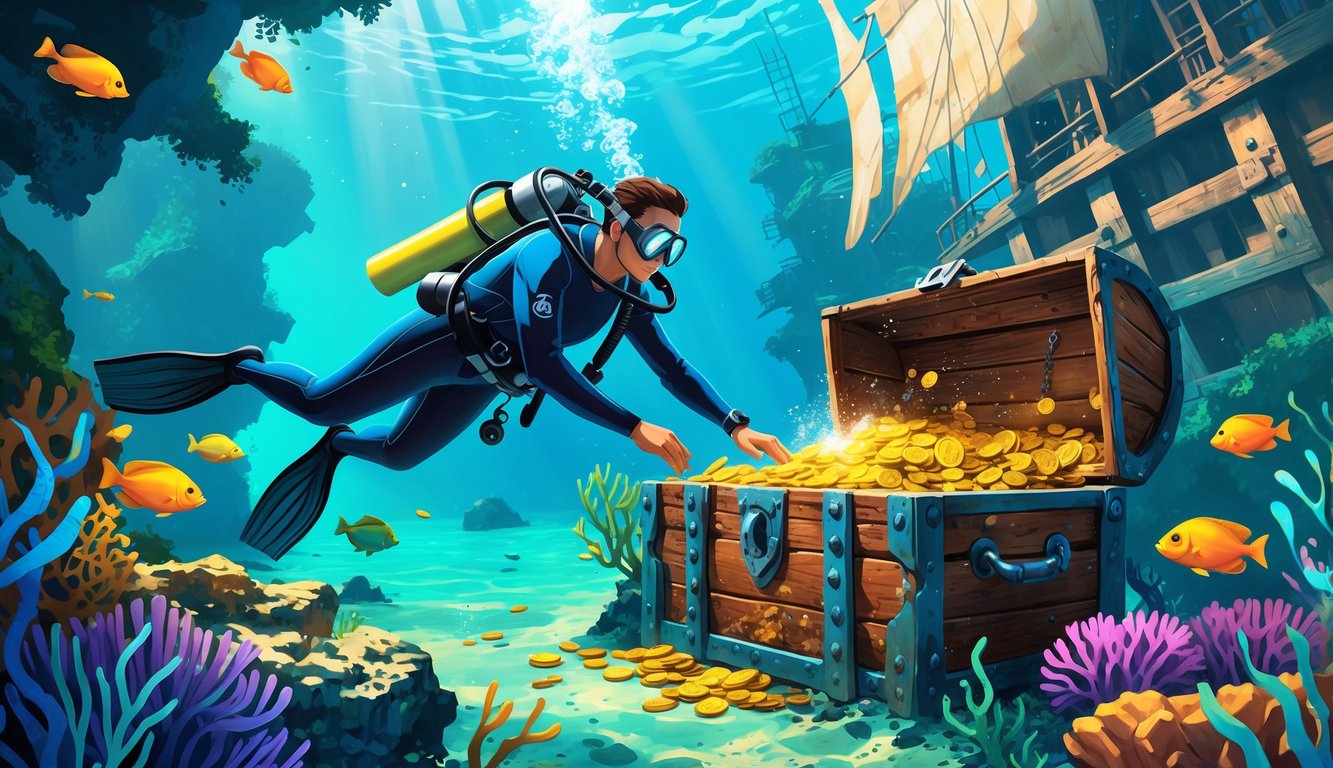 A scuba diver underwater near a sunken pirate shipwreck reaching for a treasure chest surrounded by coral and tropical fish.