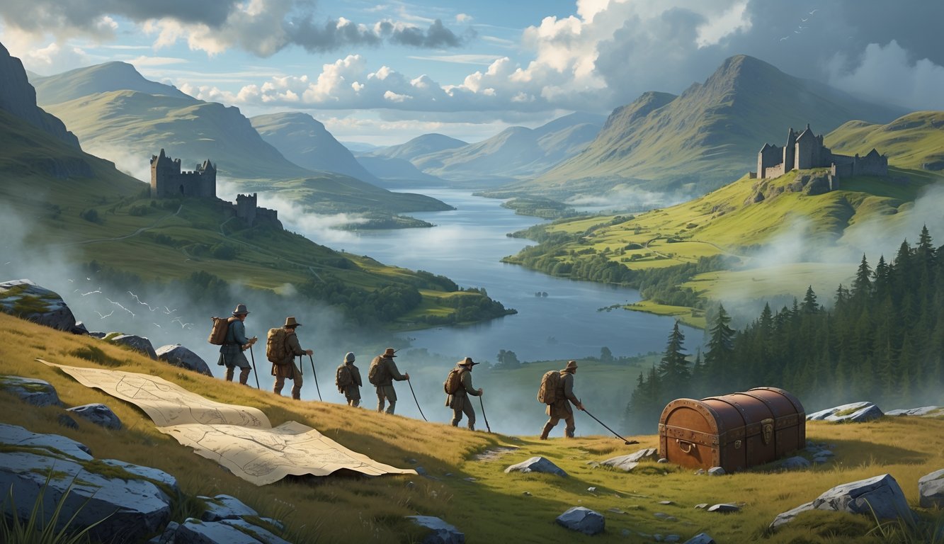 A group of treasure hunters exploring the misty Scottish Highlands with mountains, ancient ruins, a forest, and a loch in the background.