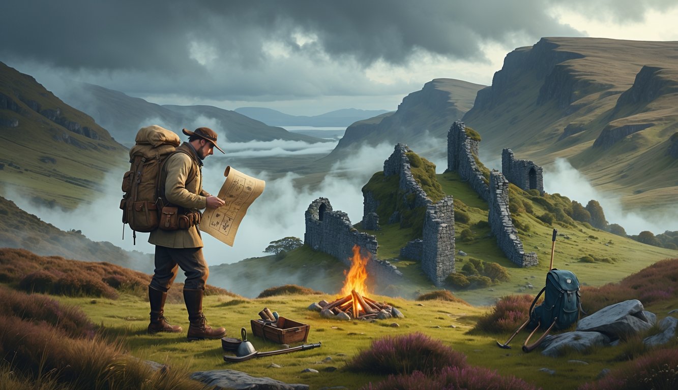 An explorer with a map stands in the Scottish Highlands near ancient stone ruins, surrounded by green hills and mist under a cloudy sky.