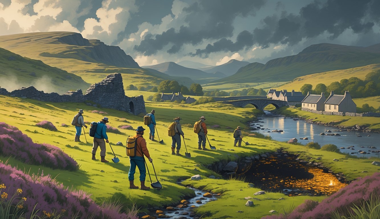 A group of people searching for treasure in the Scottish Highlands near ancient ruins and a small village surrounded by hills and mountains.