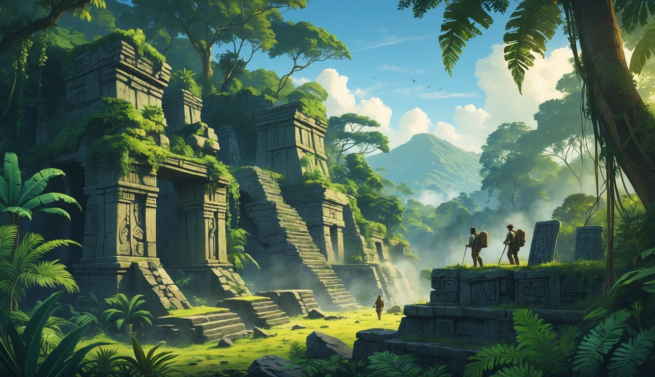 Ancient stone ruins overgrown with jungle plants and explorers investigating the site in a dense tropical forest.