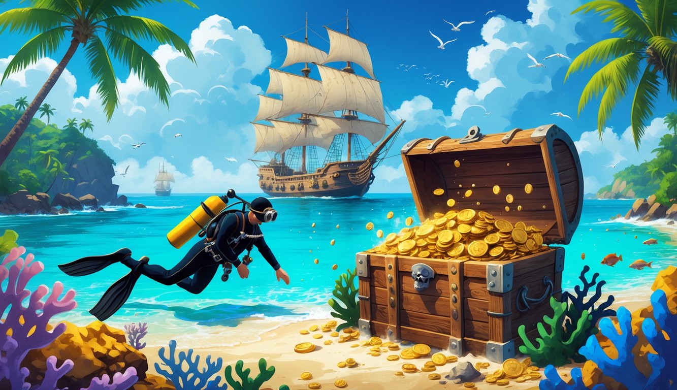 A diver underwater near a coral reef reaching for a treasure chest filled with gold and jewels, with a pirate ship anchored in turquoise waters and a tropical island in the background.