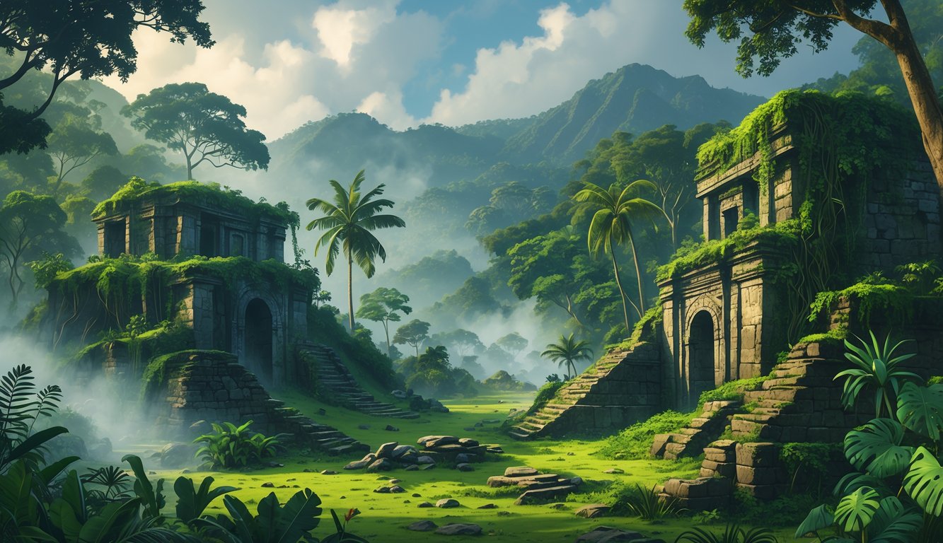 Ancient stone ruins covered in vines and surrounded by dense tropical rainforest with mountains in the background under a cloudy sky.