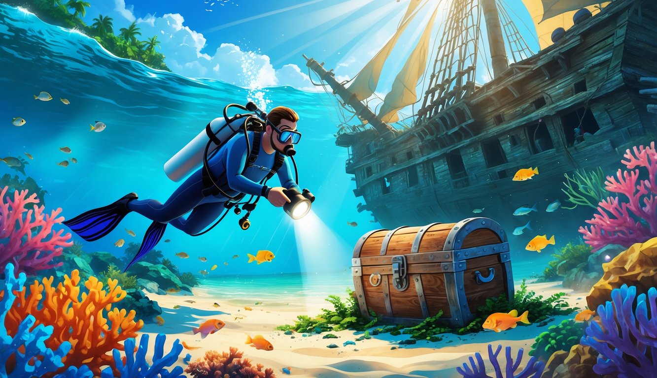 A diver underwater near a coral reef discovering a partially buried treasure chest with a pirate shipwreck in the background and a tropical island above the water.