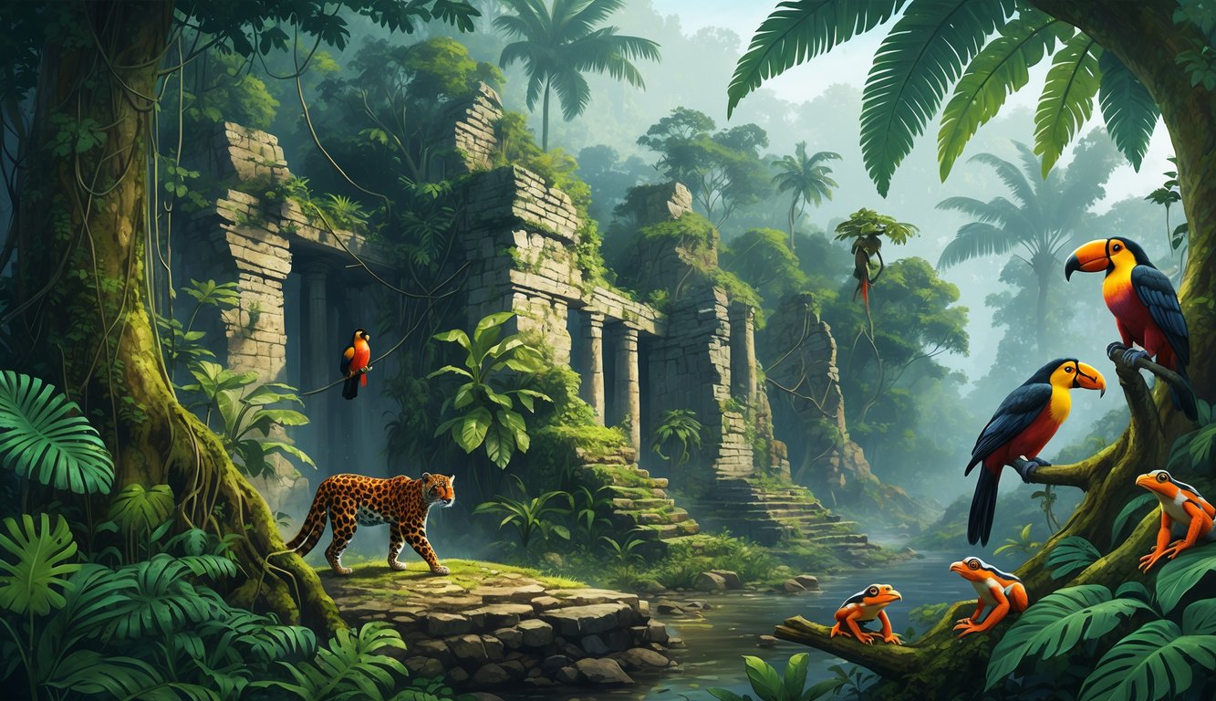 Ancient stone ruins covered by dense tropical rainforest with jaguar, monkeys, toucans, and frogs among lush vegetation and mist.