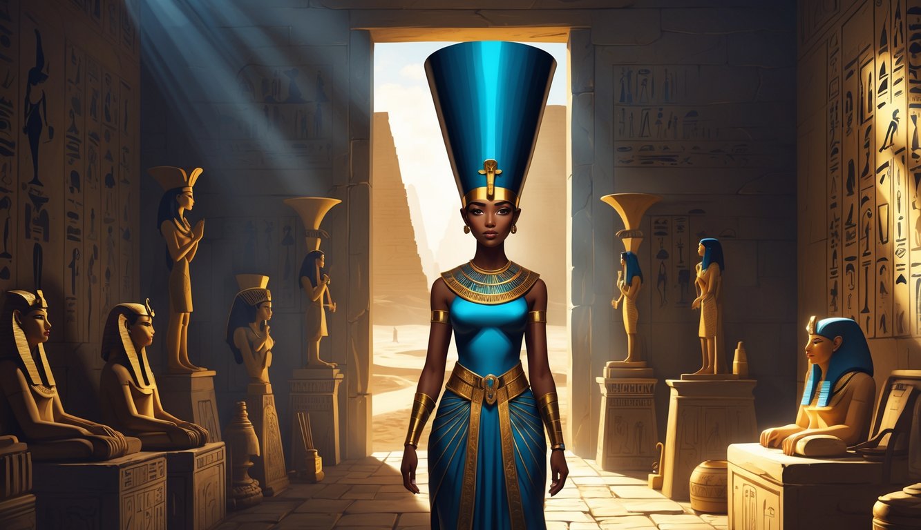 Queen Nefertiti standing in an ancient Egyptian chamber surrounded by hieroglyphics and artifacts, with sunlight casting shadows and a desert landscape visible through an open doorway.