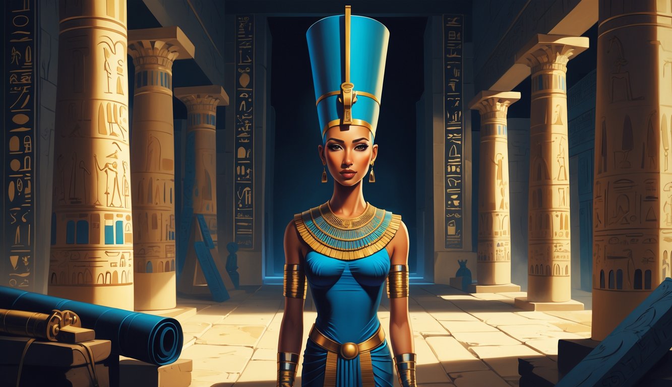 Queen Nefertiti standing in an ancient Egyptian palace with hieroglyphics and columns, surrounded by symbols of mystery and history.