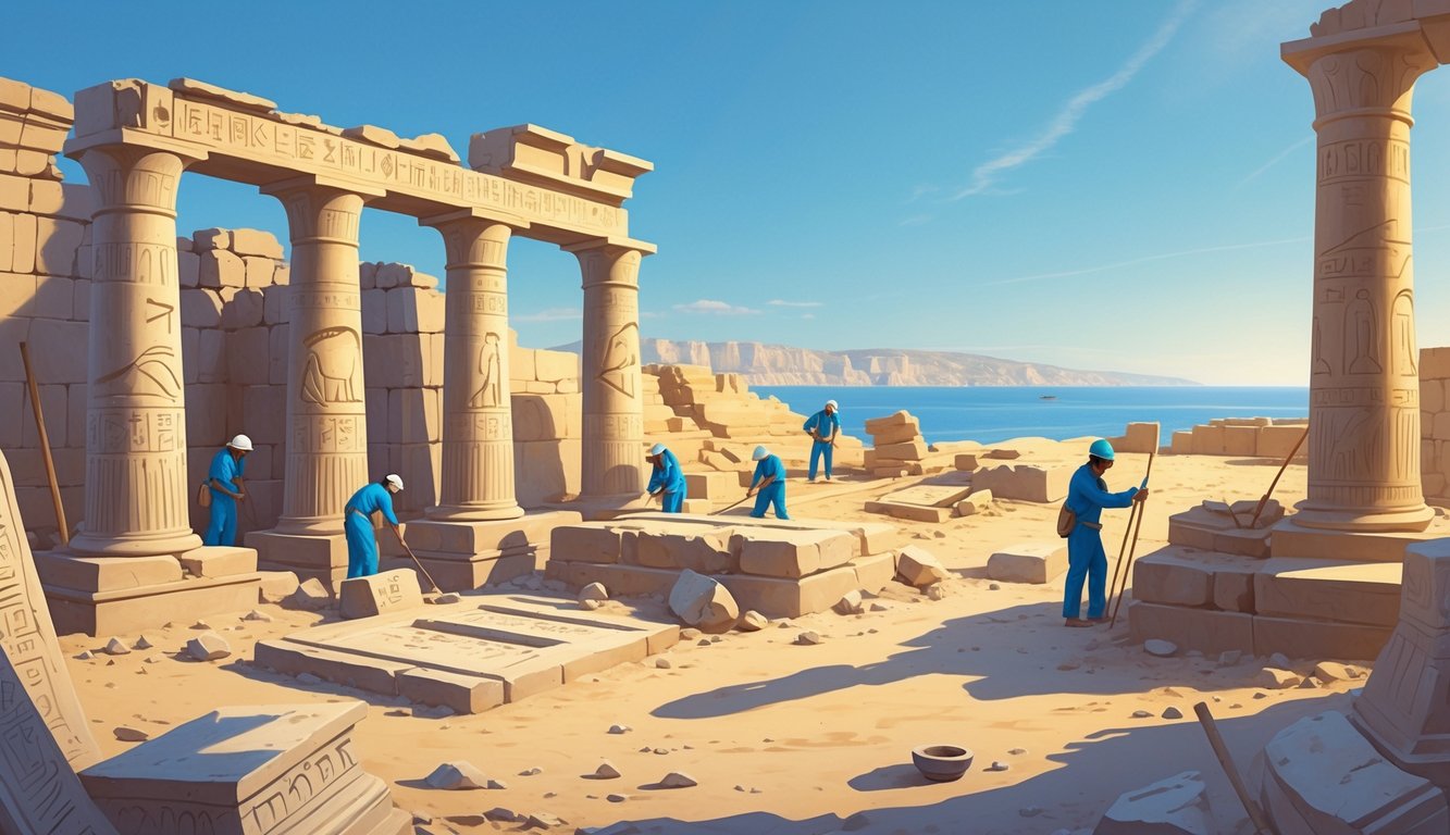 Archaeologists excavating ancient ruins near the sea at Taposiris Magna, uncovering stone structures and artifacts related to Cleopatra’s lost tomb.