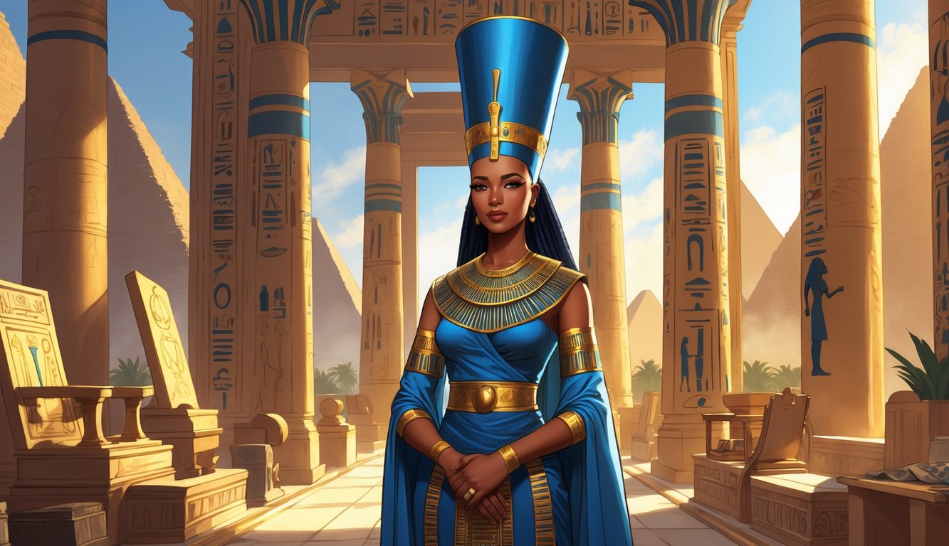 Queen Nefertiti standing in an ancient Egyptian palace with a tall blue crown and golden jewelry, surrounded by royal symbols and hieroglyphics, with pyramids visible in the background.