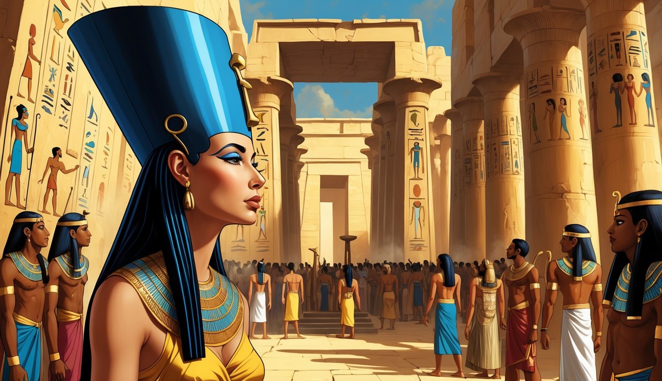 Queen Nefertiti stands in an ancient Egyptian temple surrounded by priests and citizens showing varied emotions, with symbols of religious change and an empty throne suggesting mystery.