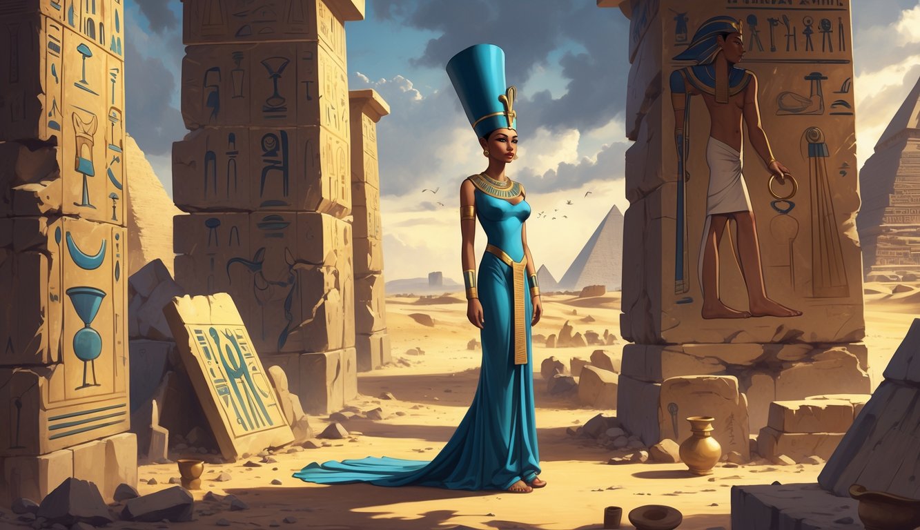 A scene showing Queen Nefertiti in ancient Egyptian royal attire standing among ruins and artifacts in a desert landscape with pyramids and the Nile River in the background.