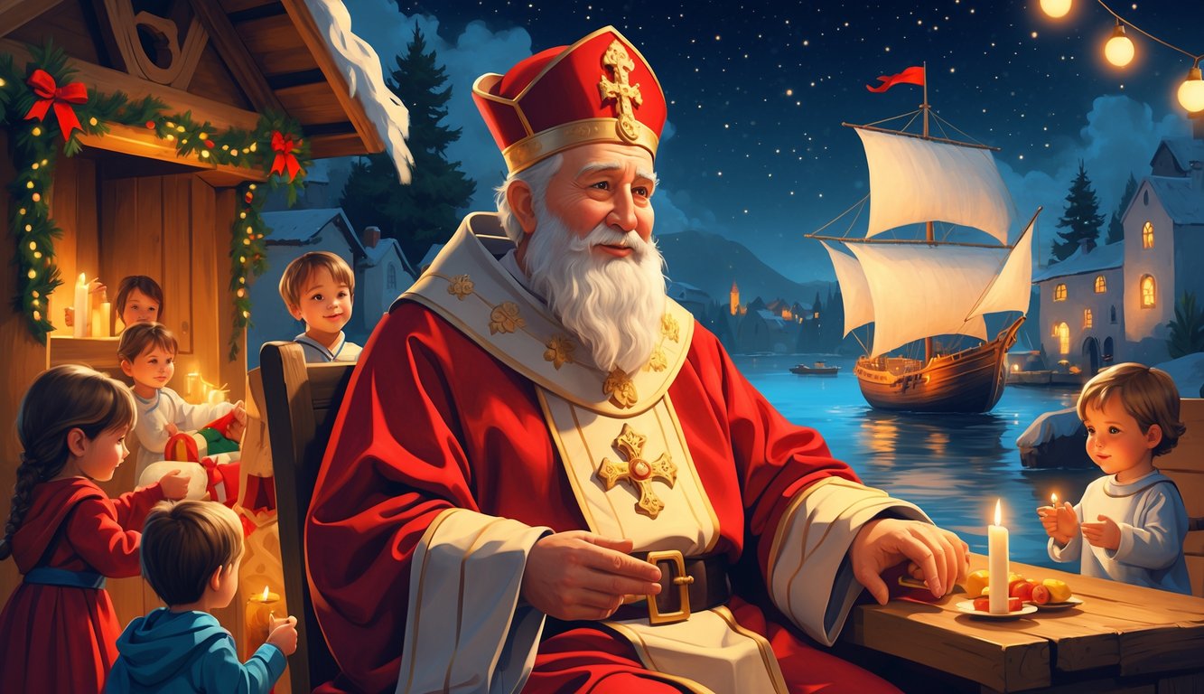 An elderly man dressed as a bishop in red and gold robes holds a staff, surrounded by children receiving gifts near a medieval village under a starry night sky.