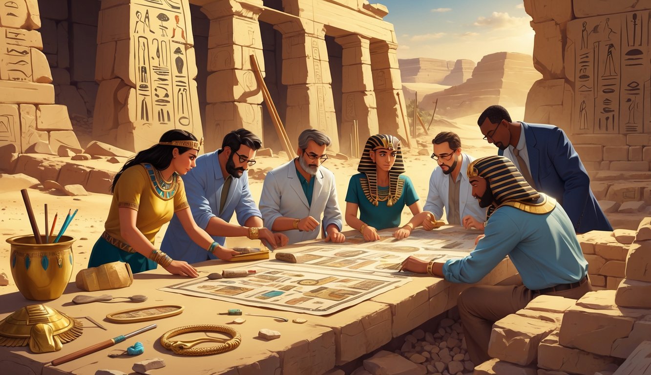 Archaeologists at an Egyptian excavation site examining artifacts and ancient maps near ruins in the desert.
