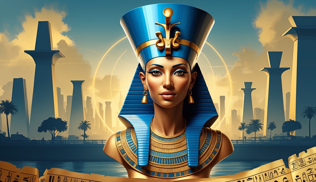 A detailed illustration of Queen Nefertiti's bust surrounded by modern city elements and ancient Egyptian symbols, with a scroll representing her mysterious disappearance.