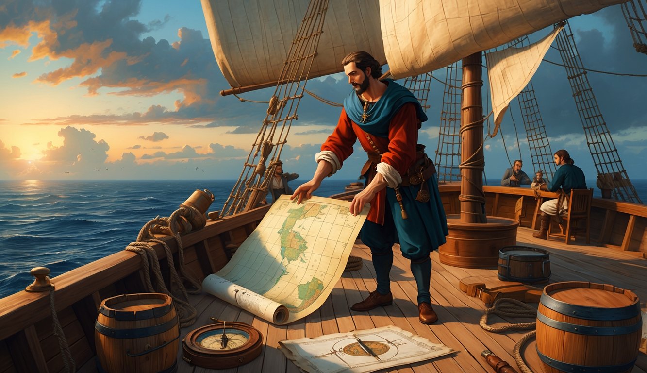 Christopher Columbus on a ship's deck examining an ancient map with crew members around him and the ocean in the background.