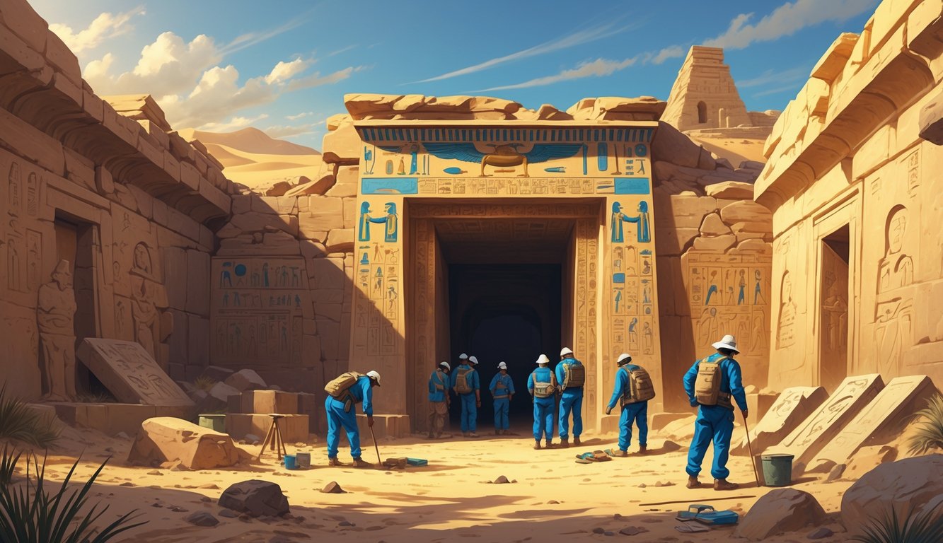 An archaeological team examines the entrance of an ancient Egyptian tomb surrounded by desert landscape and carved stone walls.
