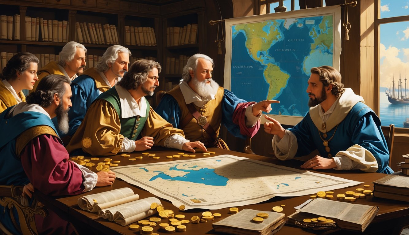 A group of Renaissance-era figures discussing finances around a table covered with maps, coins, and ledgers, with Christopher Columbus pointing at a nautical map in a study room.