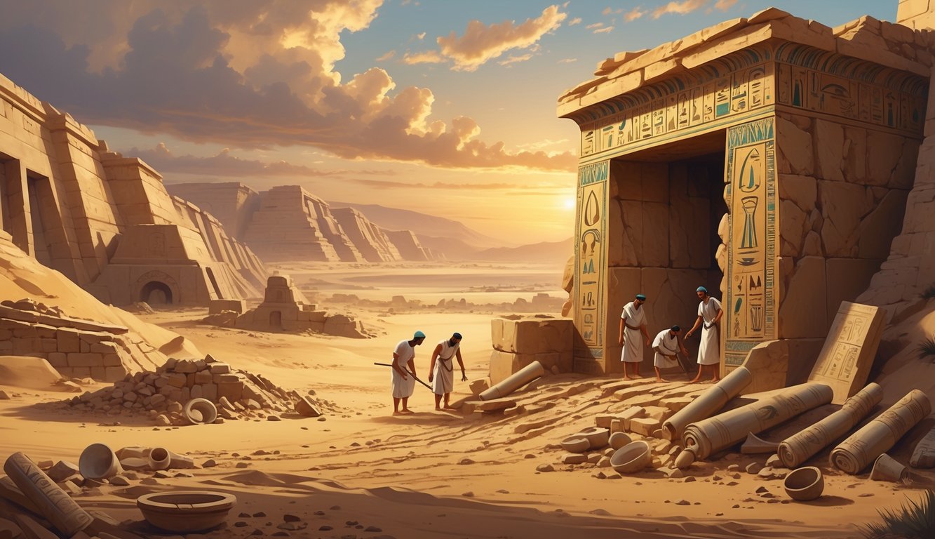 Archaeologists excavating an ancient Egyptian tomb entrance in a desert near the Nile at sunset, with ruins and scattered artifacts around.