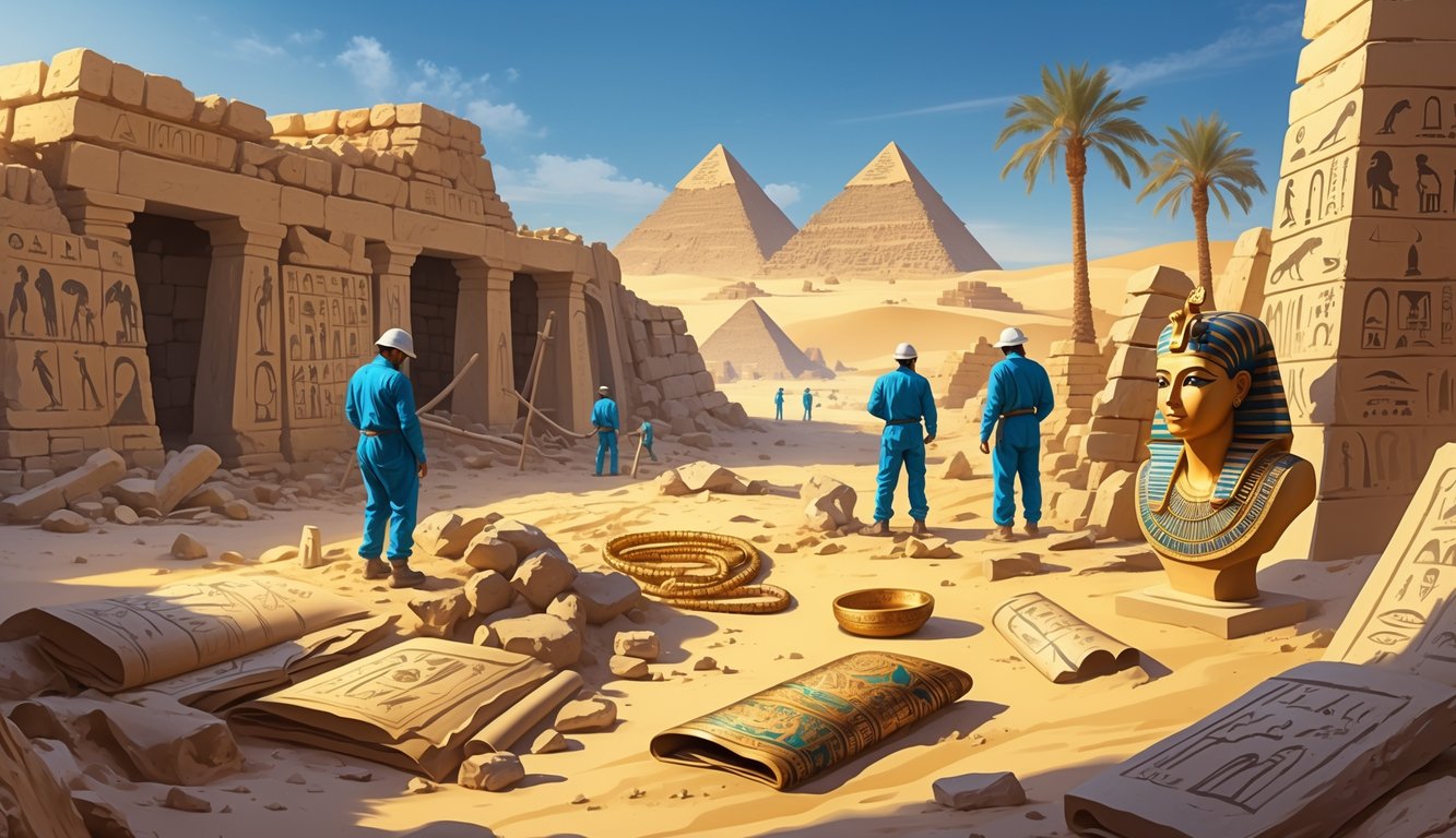 Archaeologists excavating an ancient Egyptian site with ruins, artifacts, and desert landscape searching for Cleopatra's tomb.