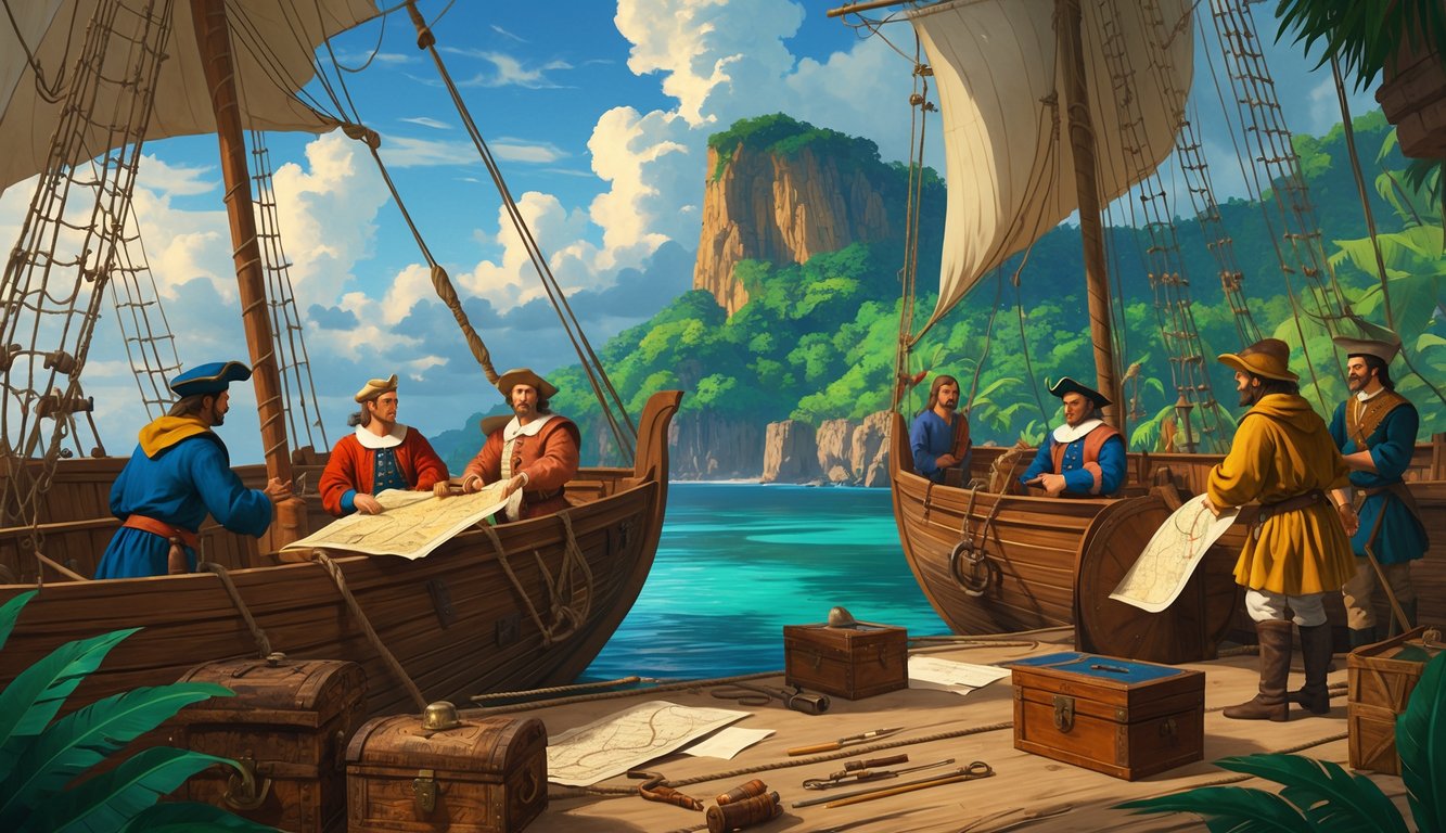Two groups of explorers on wooden ships near a tropical island, examining maps and instruments while discussing, with a coastline and jungle in the background.