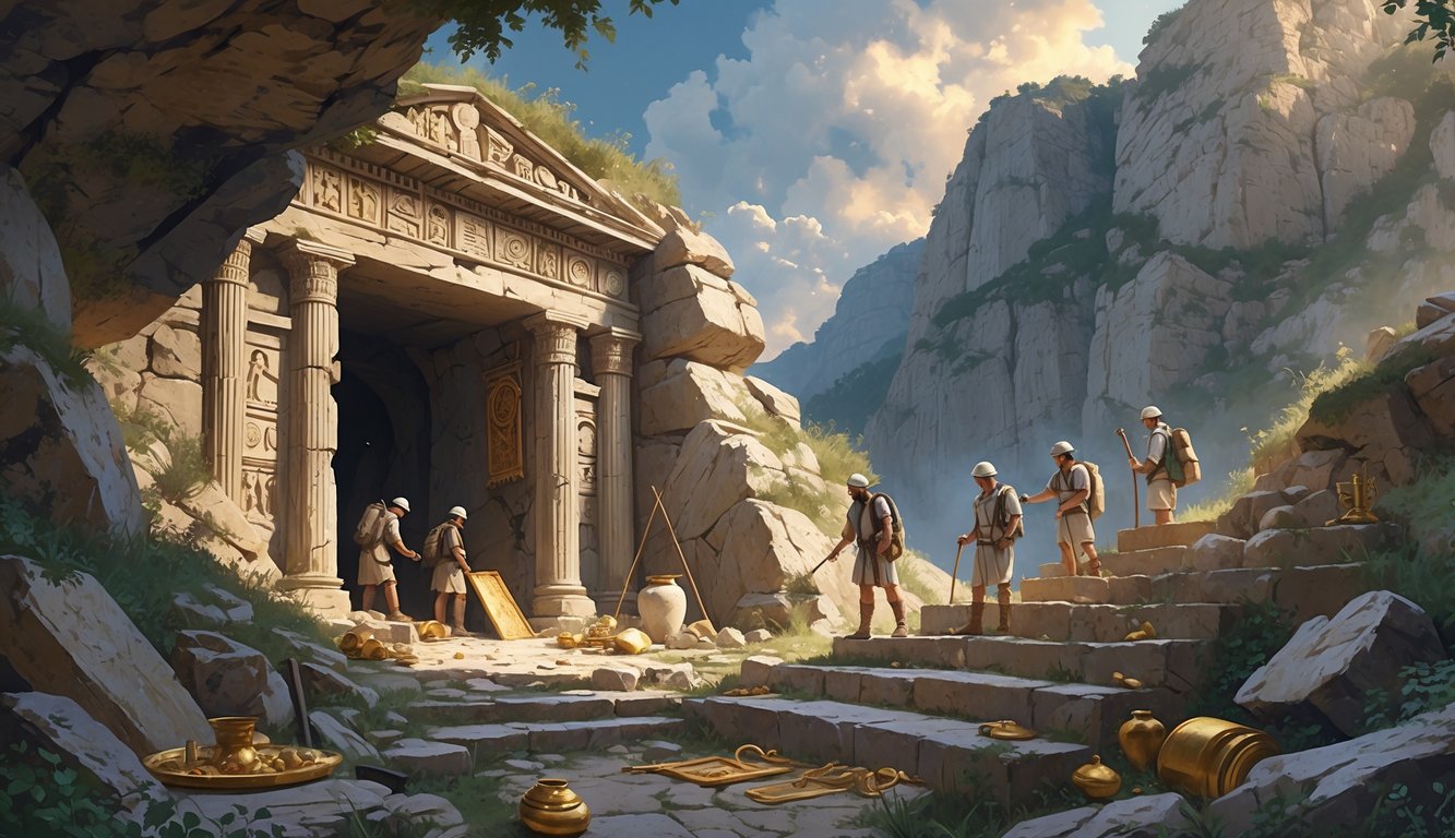 Archaeologists exploring an ancient stone tomb entrance in a mountainous area surrounded by artifacts and overgrown vegetation.