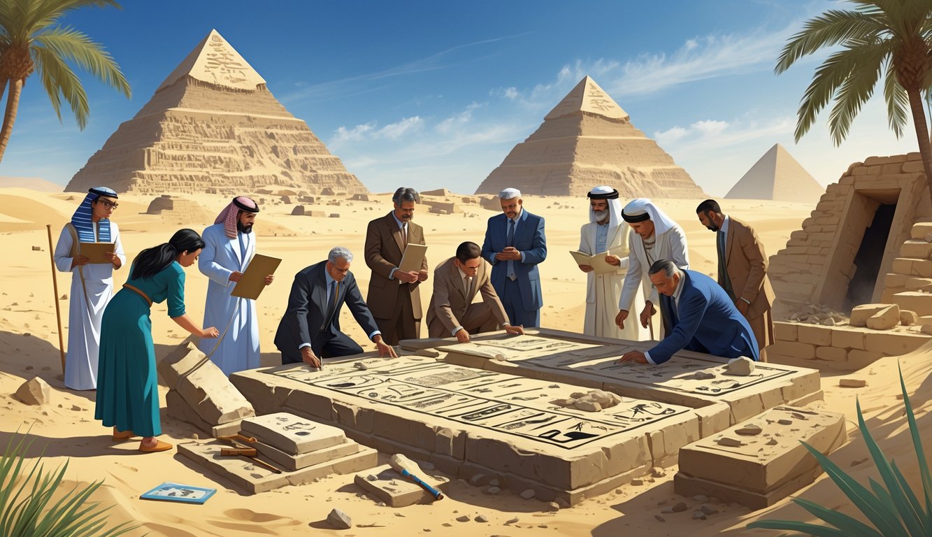 A group of archaeologists studying ancient artifacts and ruins at an excavation site in Egypt near the pyramids and desert.