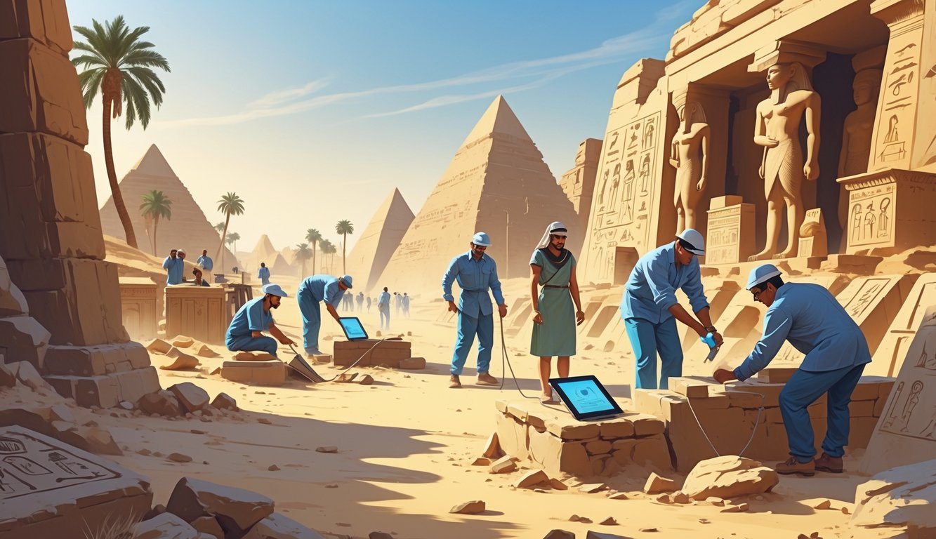 Archaeologists exploring ancient Egyptian ruins near the Nile River, examining artifacts and using modern equipment during a search for Cleopatra's tomb.