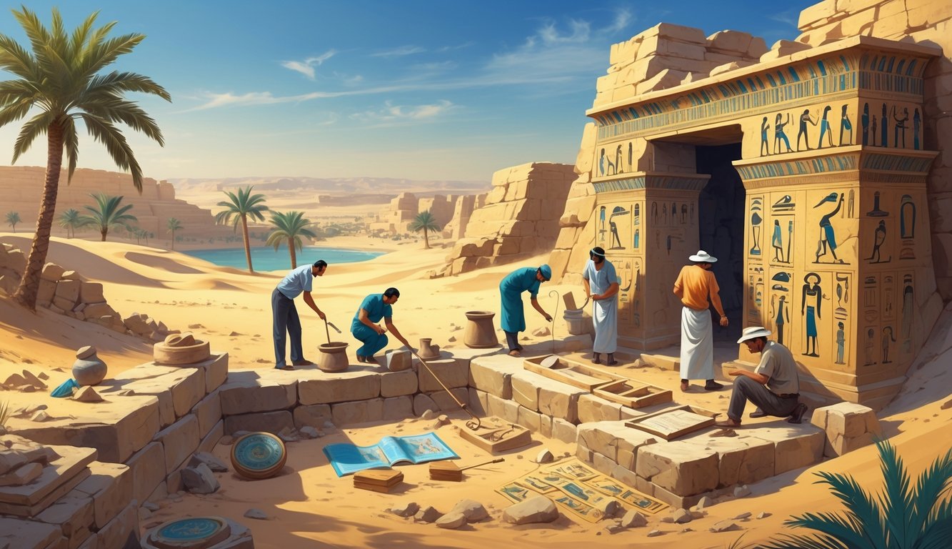 Archaeologists uncovering an ancient Egyptian tomb in a desert landscape with palm trees and the Nile River in the background.