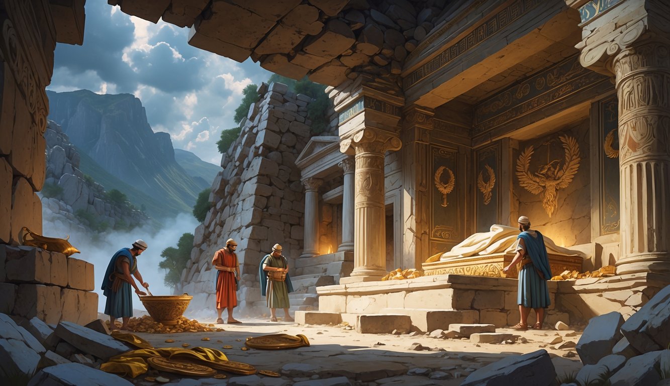 Archaeologists uncover an ancient tomb with decorated stone walls and artifacts, surrounded by broken pottery and stone pillars in a mountainous landscape.