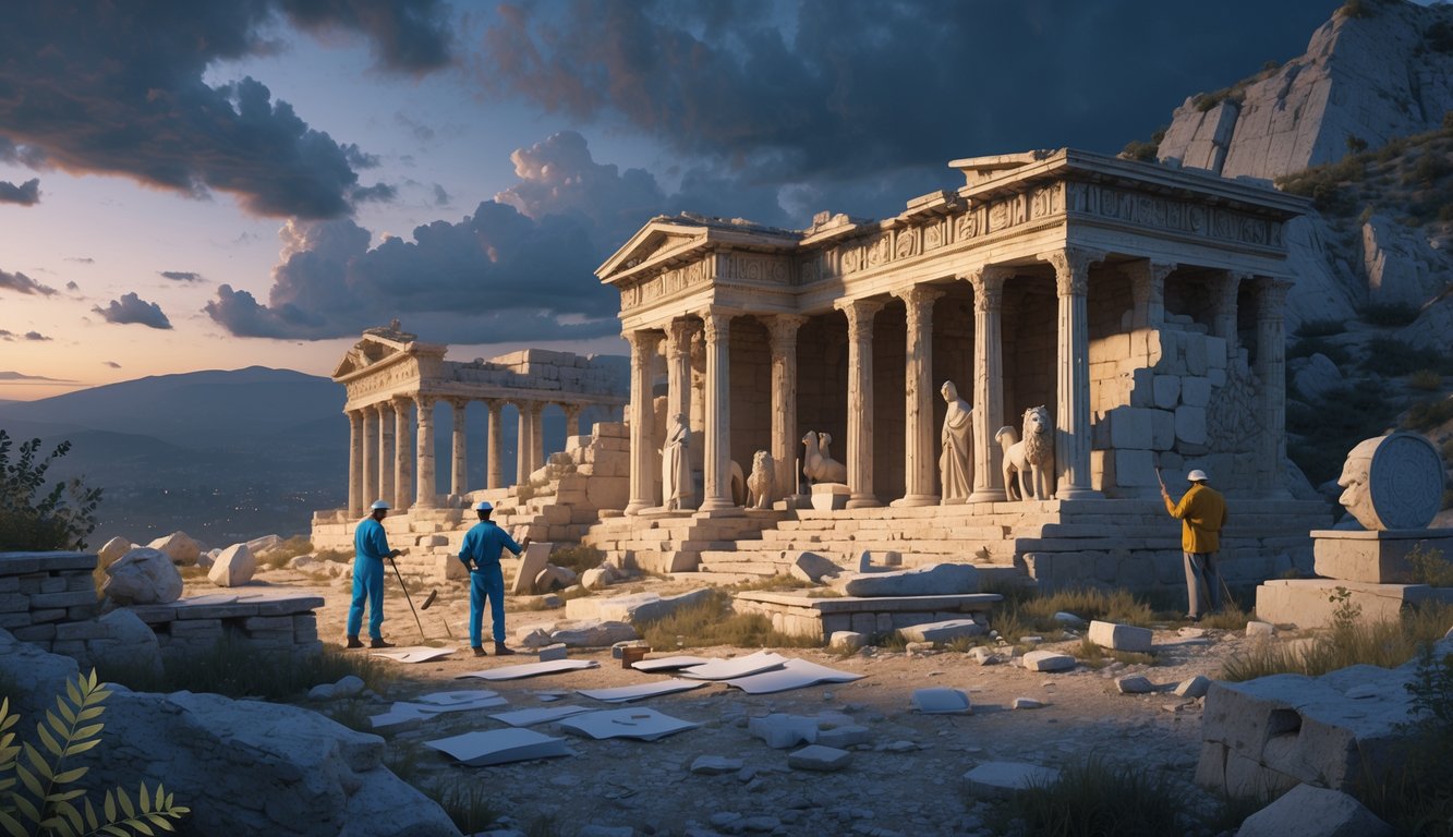 An archaeological excavation site with ancient ruins and archaeologists searching for the lost tomb of Alexander the Great during dusk.