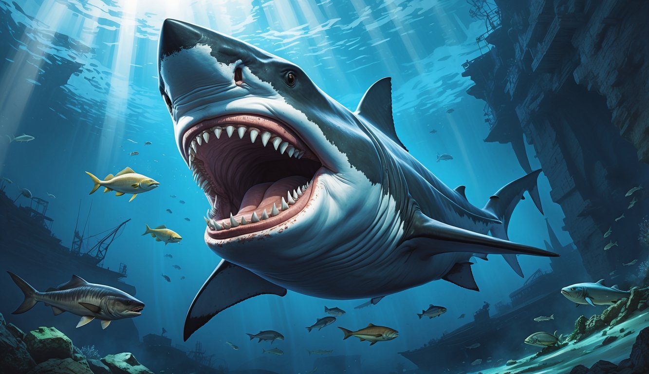 An enormous Megalodon shark swimming underwater with smaller prehistoric fish and underwater formations in the background.