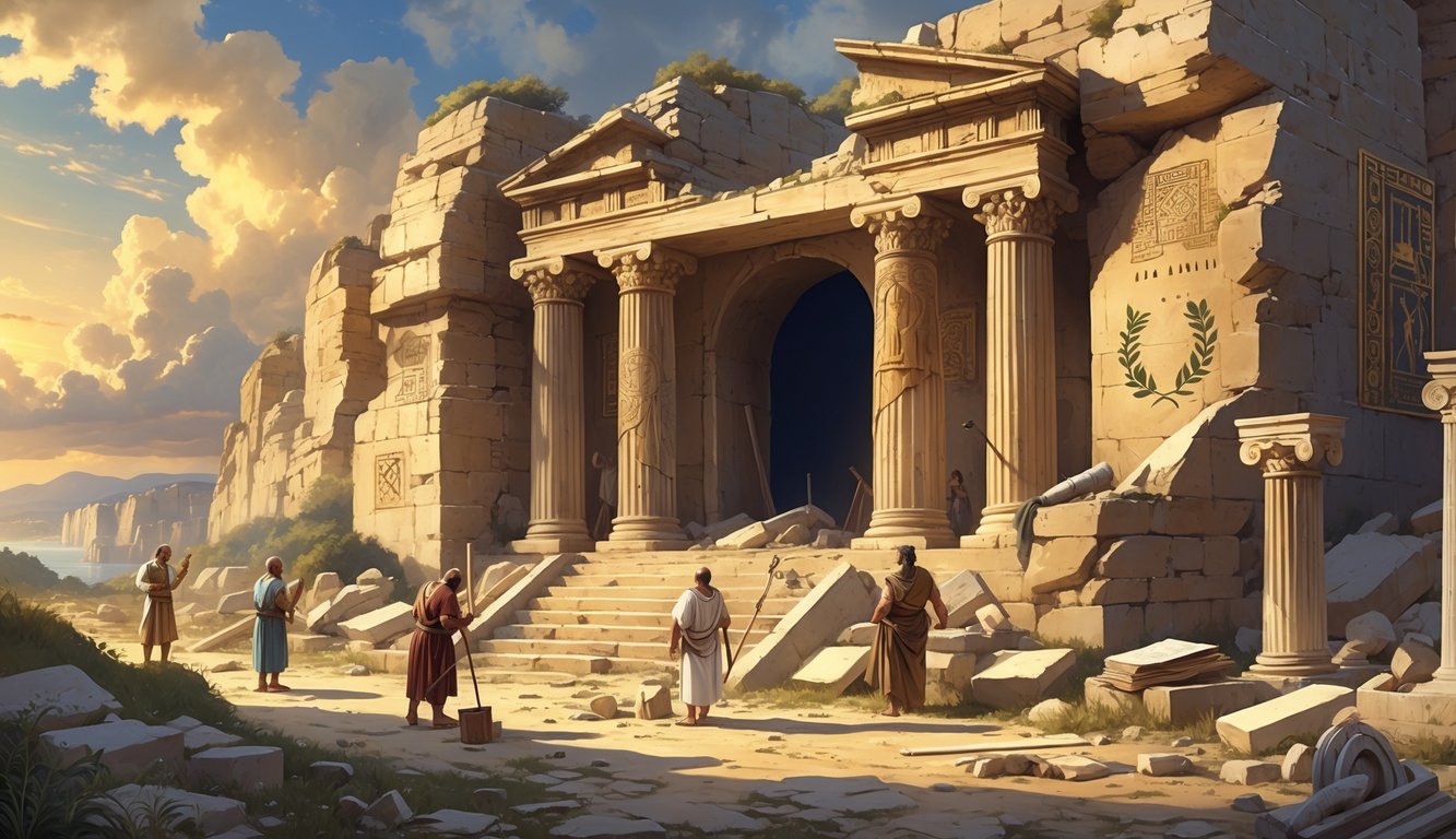 An archaeological excavation of an ancient tomb entrance surrounded by artifacts and archaeologists examining the site.