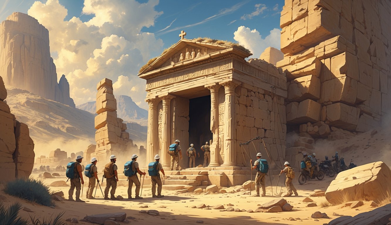A group of archaeologists exploring the entrance of an ancient stone tomb in a desert landscape with rocky formations and ruins nearby.